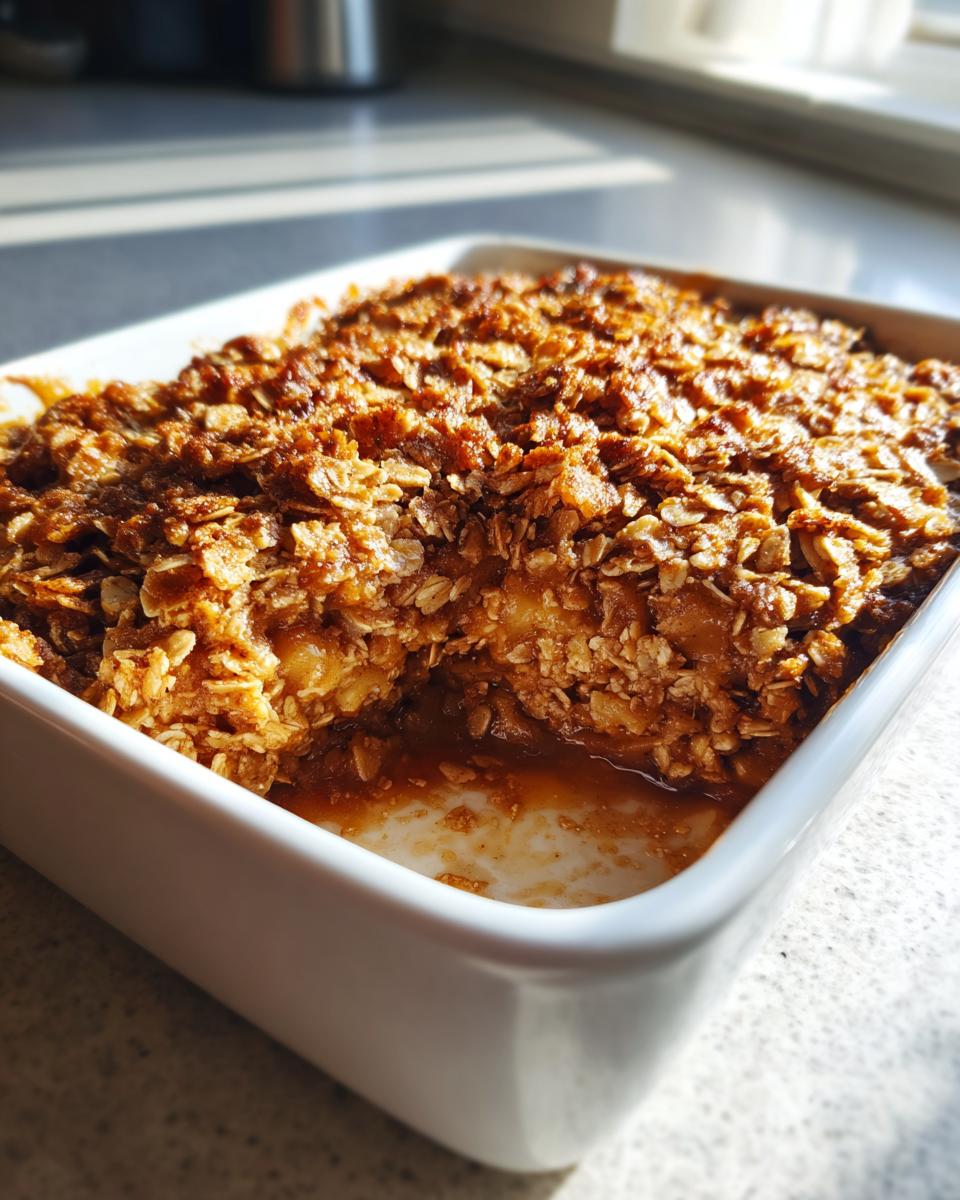 Close-up of a freshly baked apple crisp recipe in a white dish, showing a bubbly, golden oat topping.