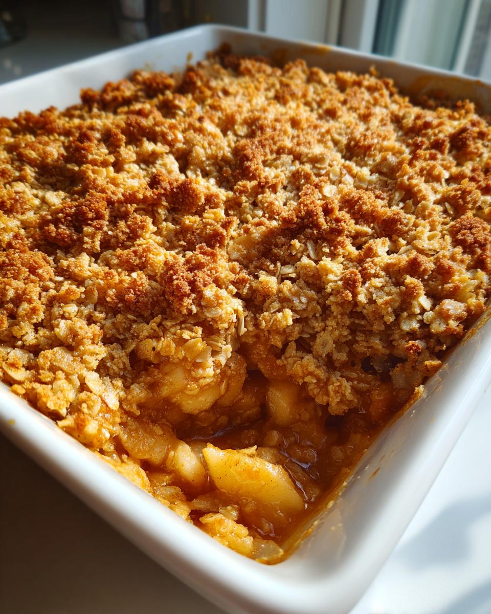 Close-up of a freshly baked apple crisp recipe in a white dish, showing bubbling spiced apples beneath a golden, crunchy oat topping.