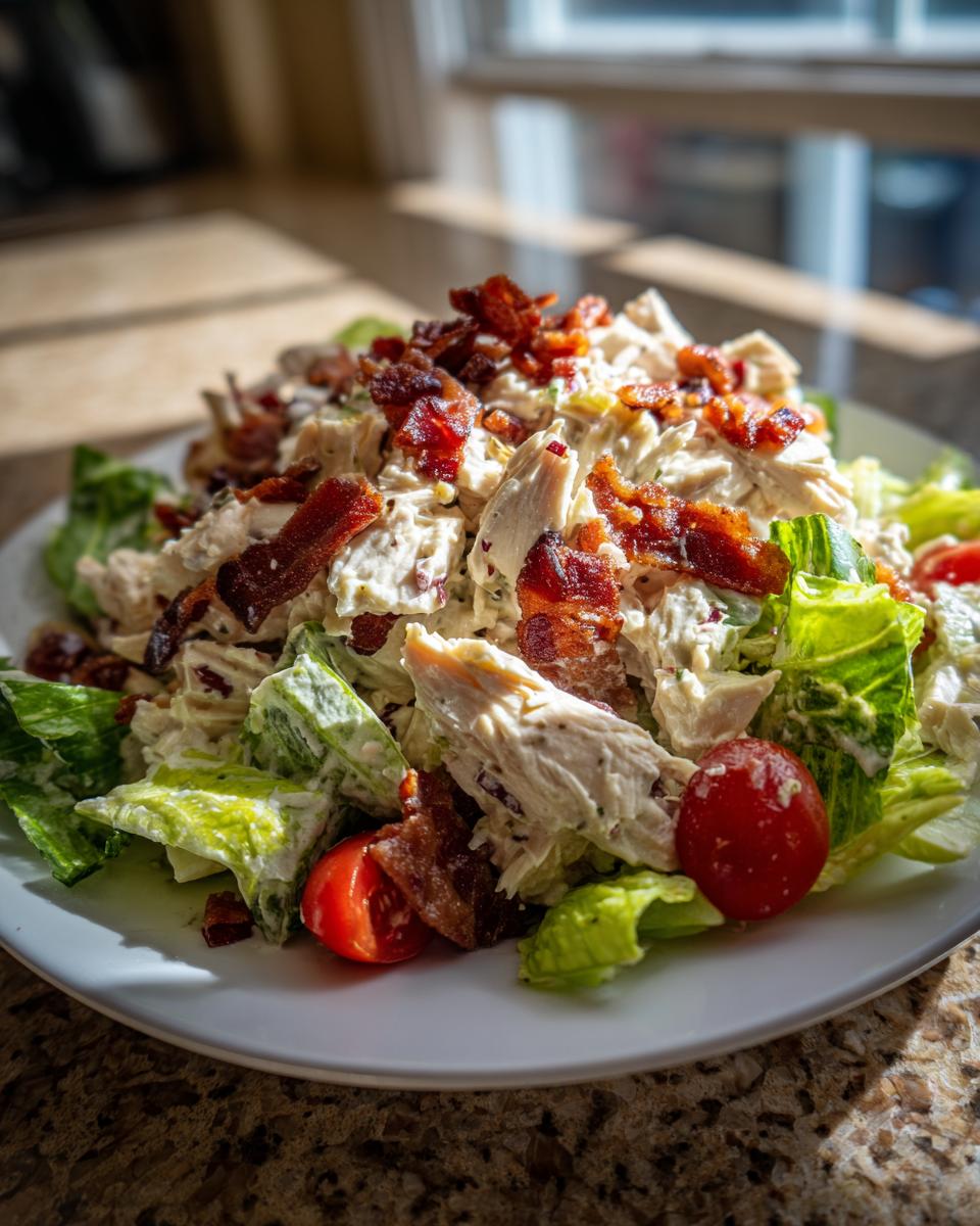 A generous serving of creamy BLT chicken salad piled high with shredded chicken, bacon bits, and served over lettuce with cherry tomatoes.