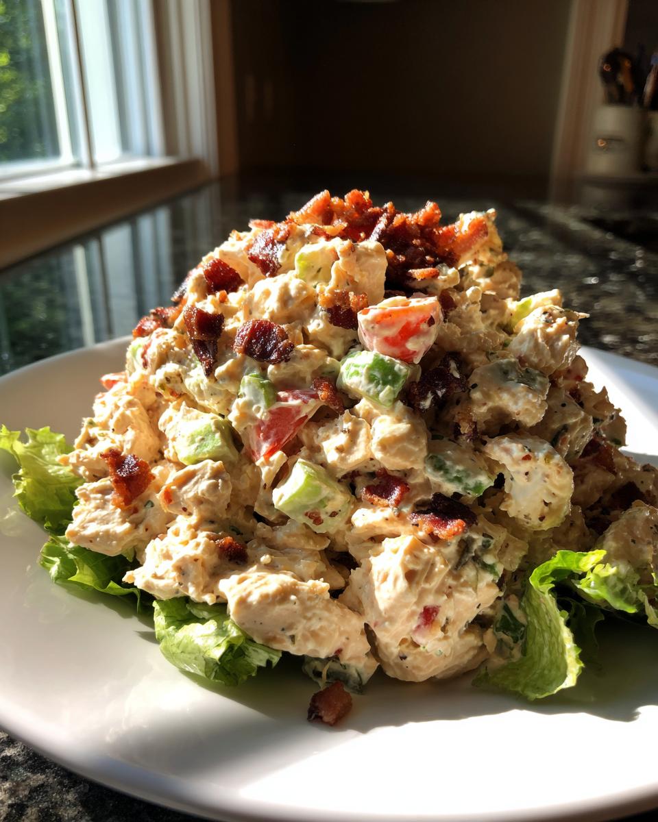 A generous serving of creamy BLT chicken salad mixed with celery and tomato, topped with crispy bacon bits, served on lettuce.