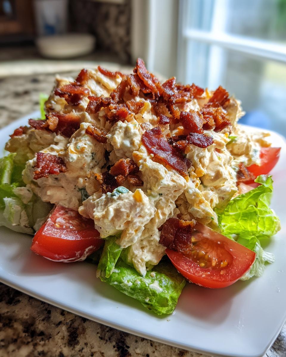 A generous serving of creamy blt chicken salad piled high on lettuce leaves and tomato wedges, topped with crumbled bacon.