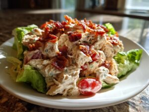 A serving of creamy BLT chicken salad mixed with tomatoes and topped generously with crispy bacon bits, served on lettuce leaves.