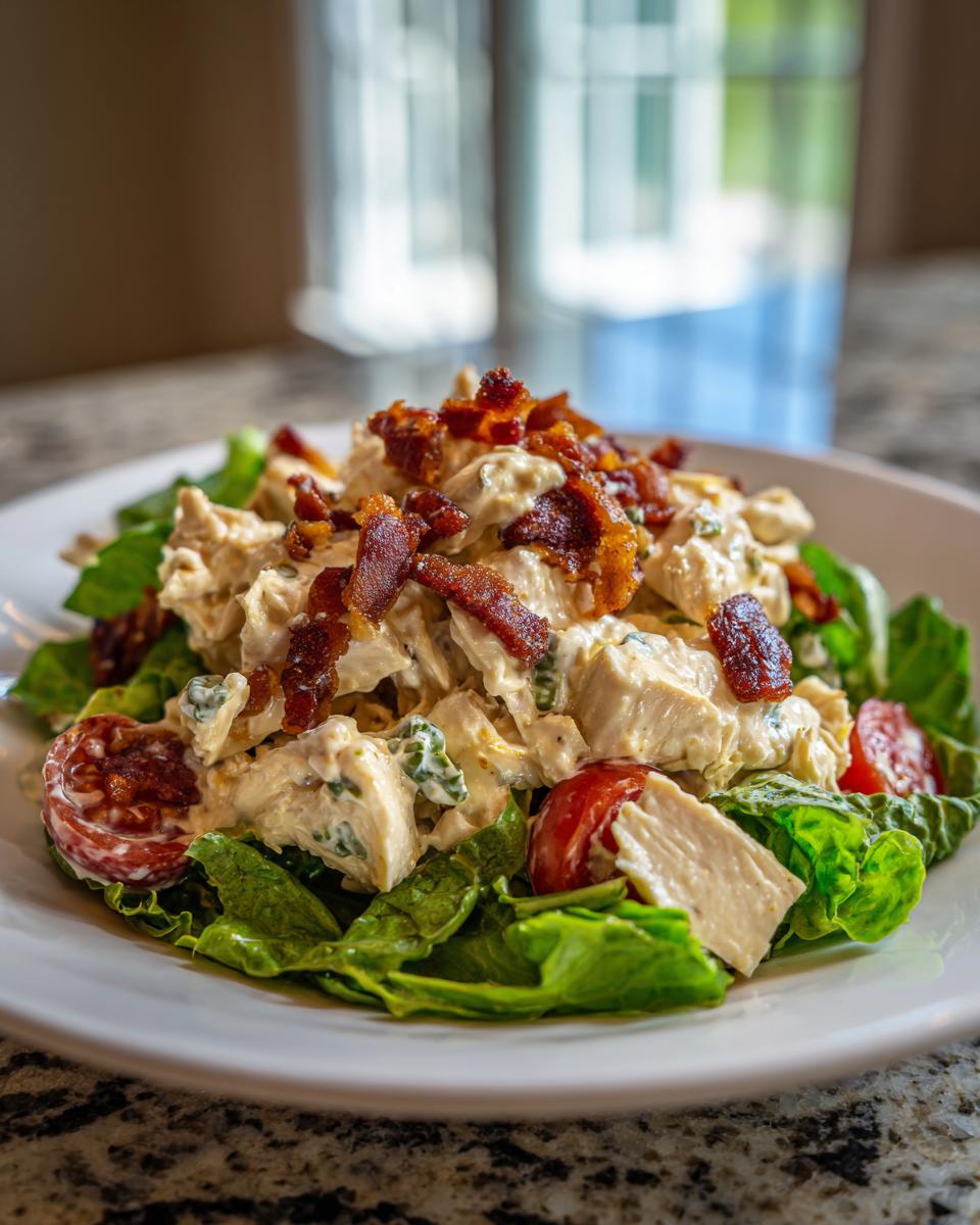 A serving of creamy blt chicken salad piled high on lettuce and topped with crumbled bacon.