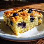A golden-brown square slice of fluffy blueberry sheet pan pancakes served on a white plate.