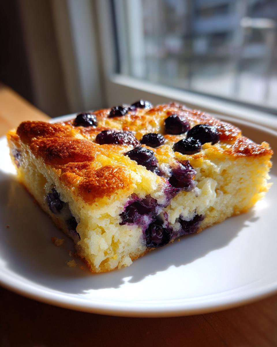 A golden-brown square slice of blueberry sheet pan pancakes served on a white plate.