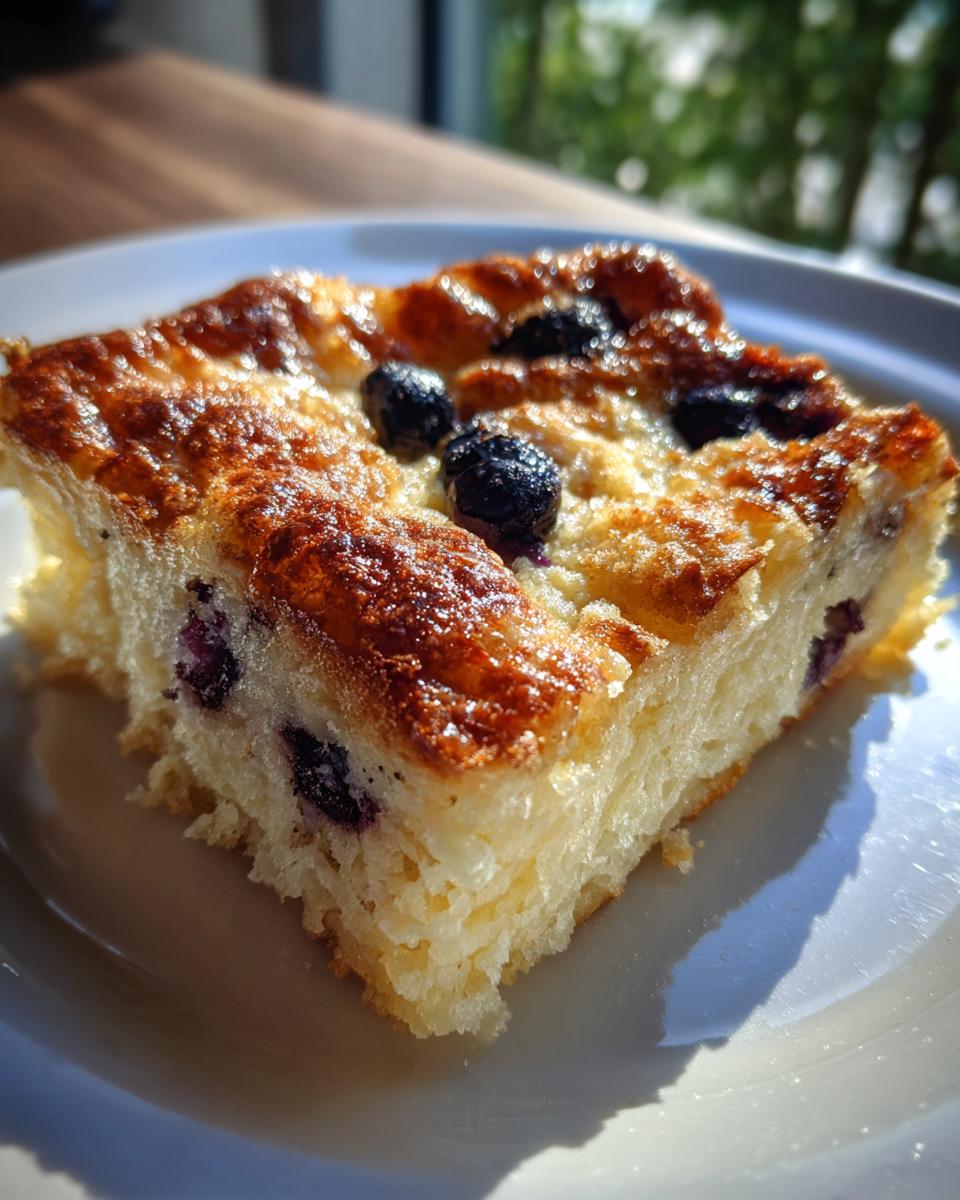 A golden-brown square slice of blueberry sheet pan pancakes with a caramelized top, served on a white plate.