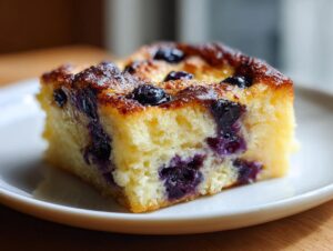 Close-up of a square slice of fluffy blueberry sheet pan pancakes with a golden, caramelized top.