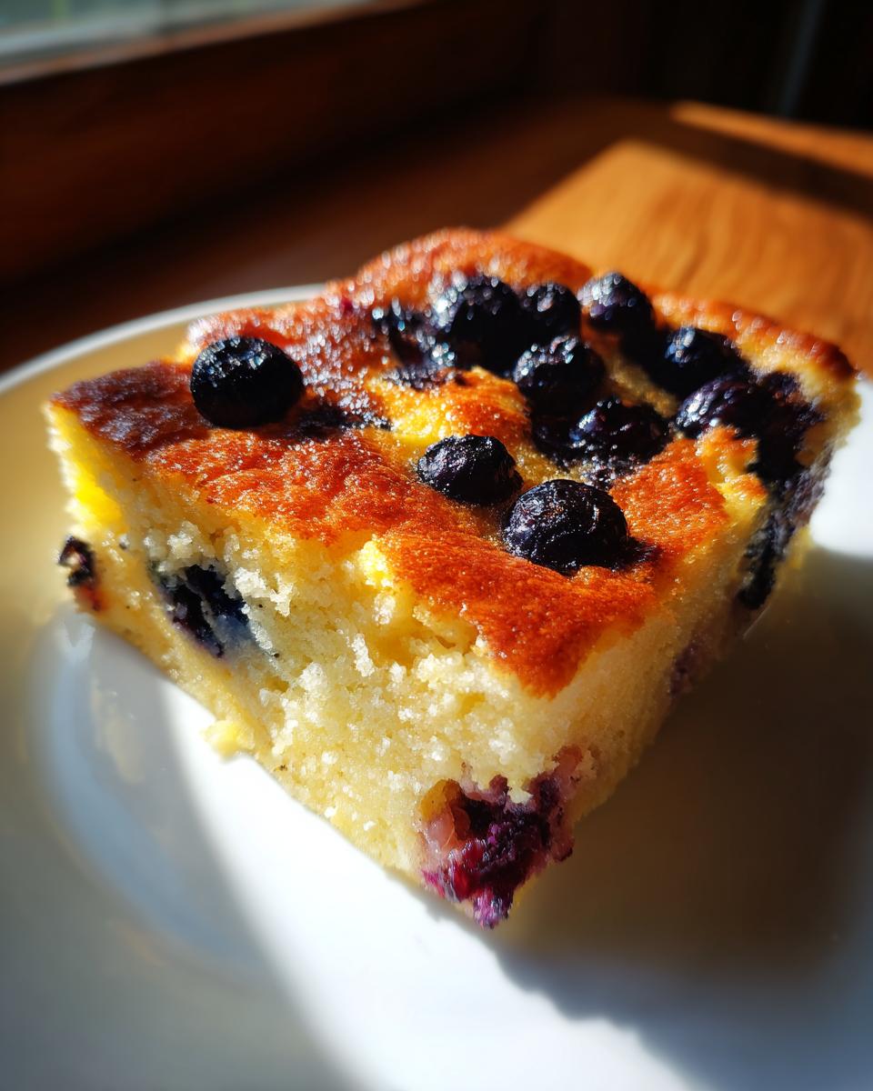 Close-up of a golden-brown slice of blueberry sheet pan pancakes with a fluffy interior.