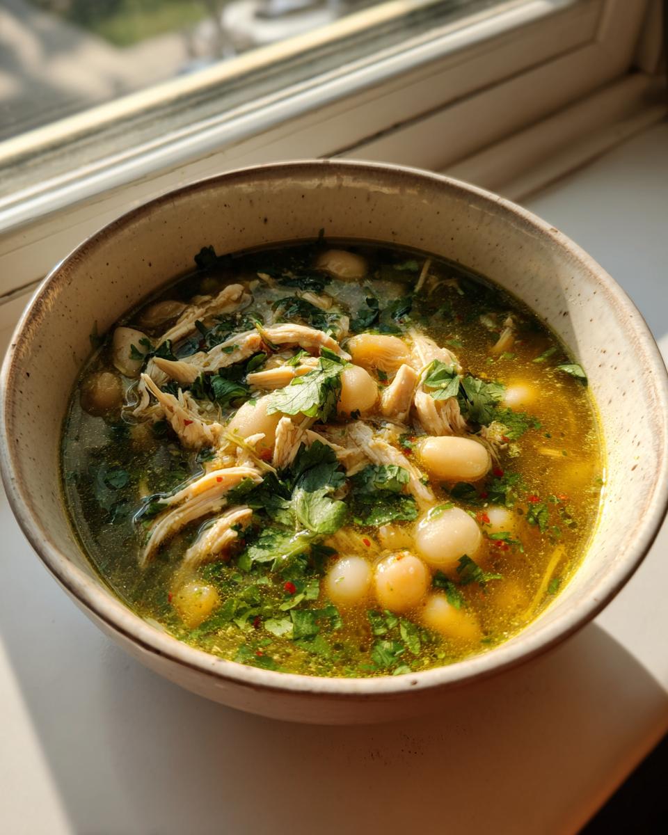 A close-up of a bowl of vibrant green chicken pozole, featuring shredded chicken, white hominy, and fresh cilantro.