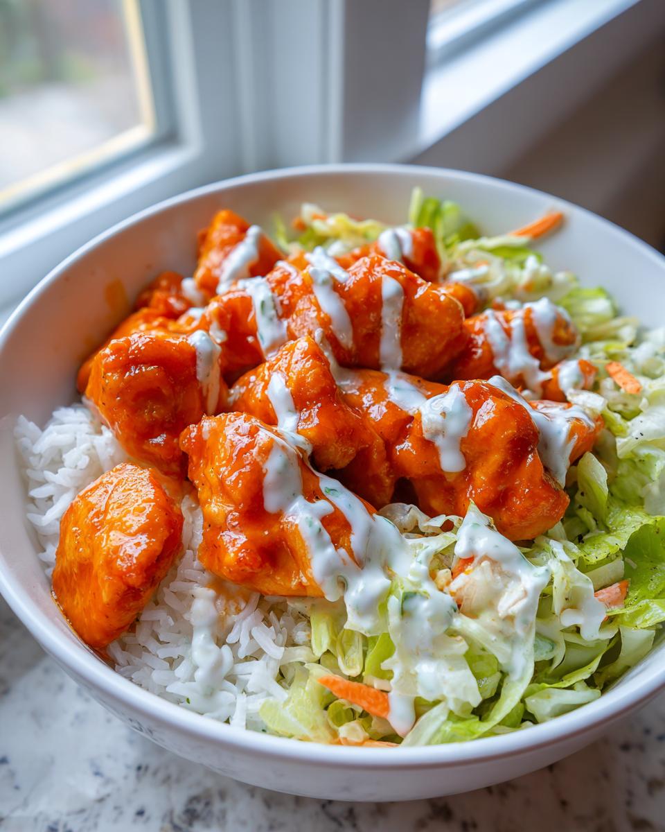 A close-up of a white bowl filled with white rice, topped with bright orange buffalo chicken pieces and shredded lettuce, drizzled with ranch dressing, making a perfect buffalo chicken bowl.