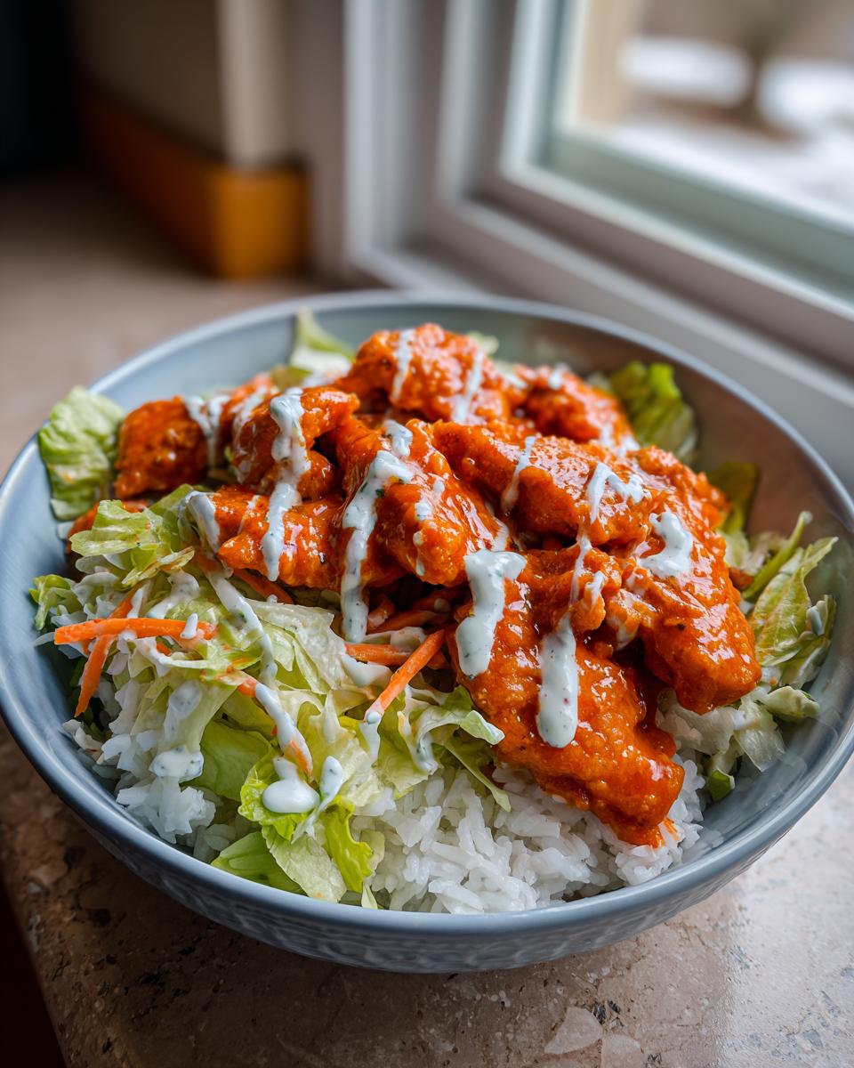 A close-up of a buffalo chicken bowl featuring saucy chicken pieces over rice, lettuce, and carrots, drizzled with ranch dressing.