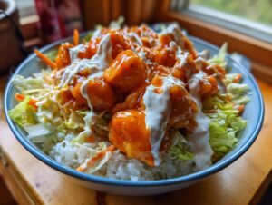 A close-up of a buffalo chicken bowl featuring saucy chicken pieces over rice and lettuce, drizzled with ranch dressing.