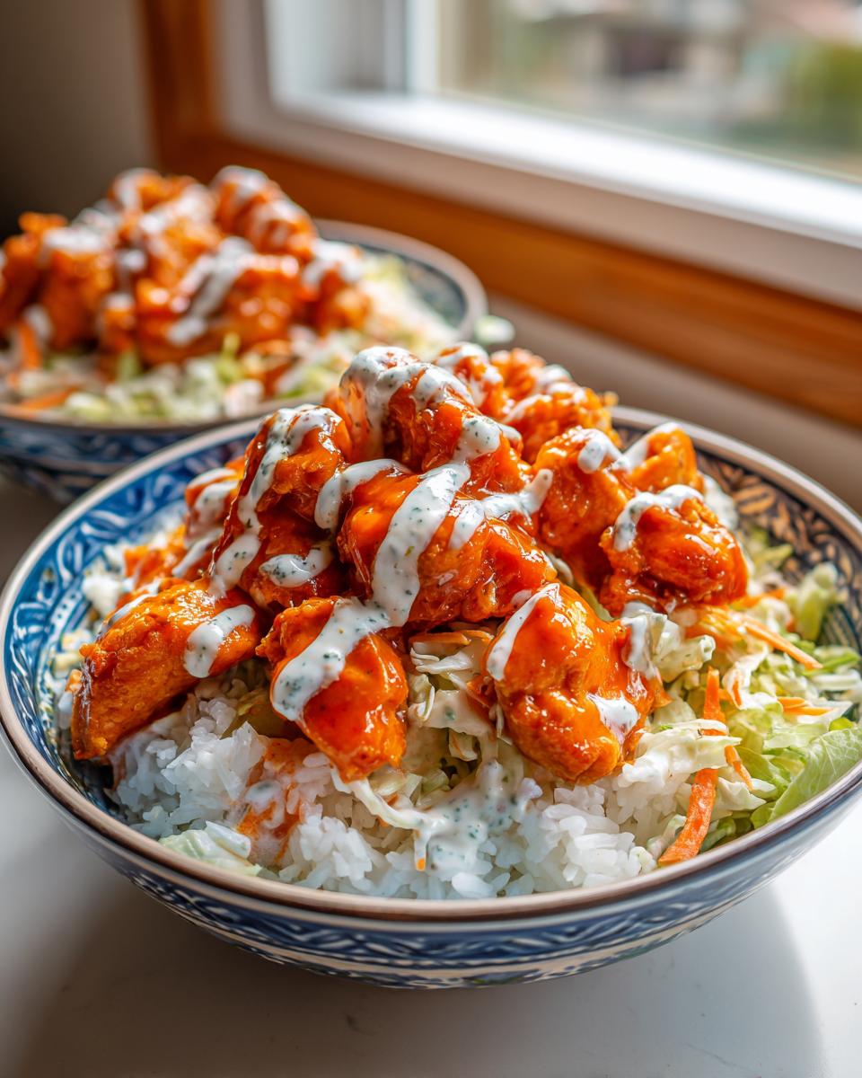 A vibrant buffalo chicken bowl featuring saucy chicken pieces over rice and slaw, drizzled with ranch dressing.