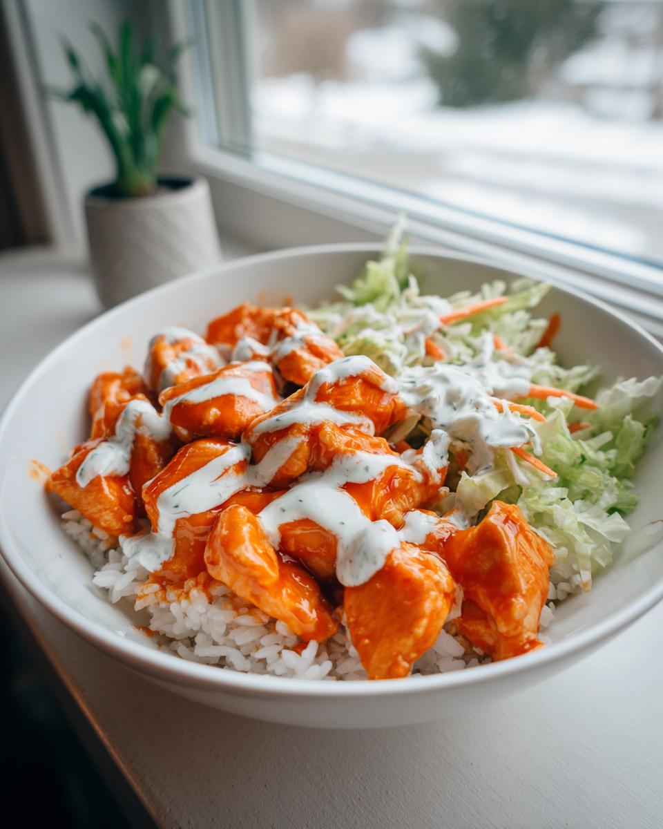 A close-up of a white bowl containing a buffalo chicken bowl with bright orange chicken pieces over rice, topped with ranch dressing and shredded lettuce.