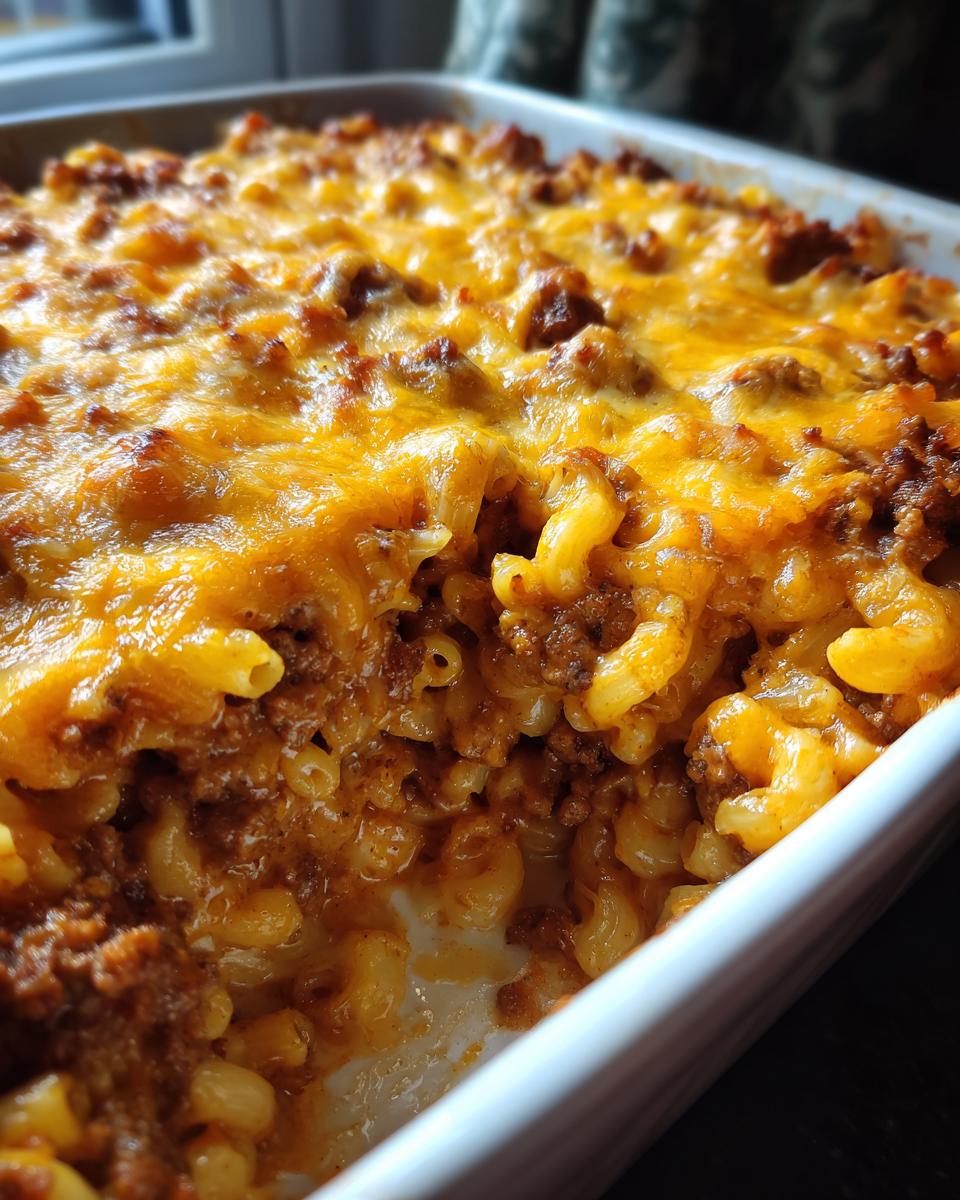 A close-up view of a freshly baked cheeseburger casserole topped with melted cheddar cheese, showing macaroni and ground beef mixture.