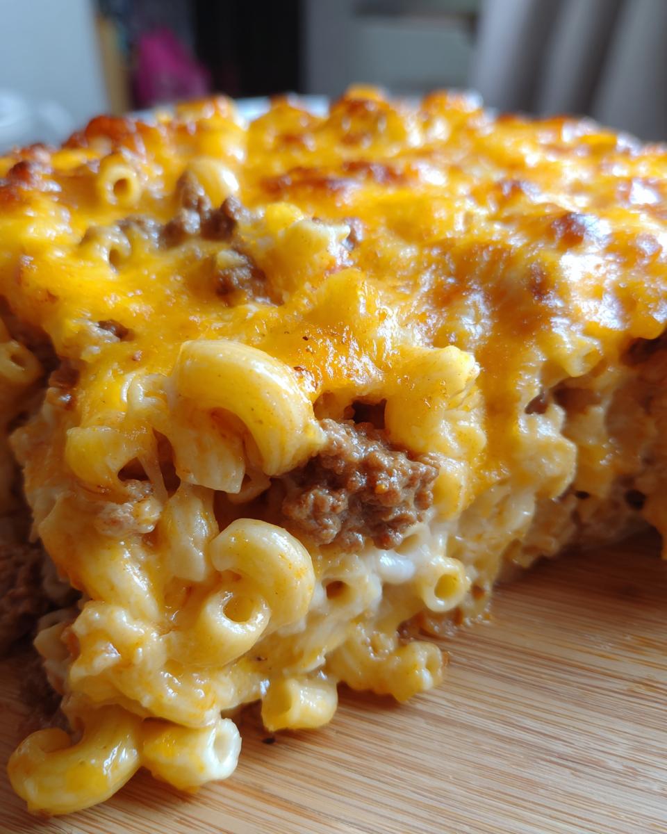 A close-up view of a rich, cheesy cheeseburger casserole slice featuring elbow macaroni and ground beef, topped with melted cheddar.