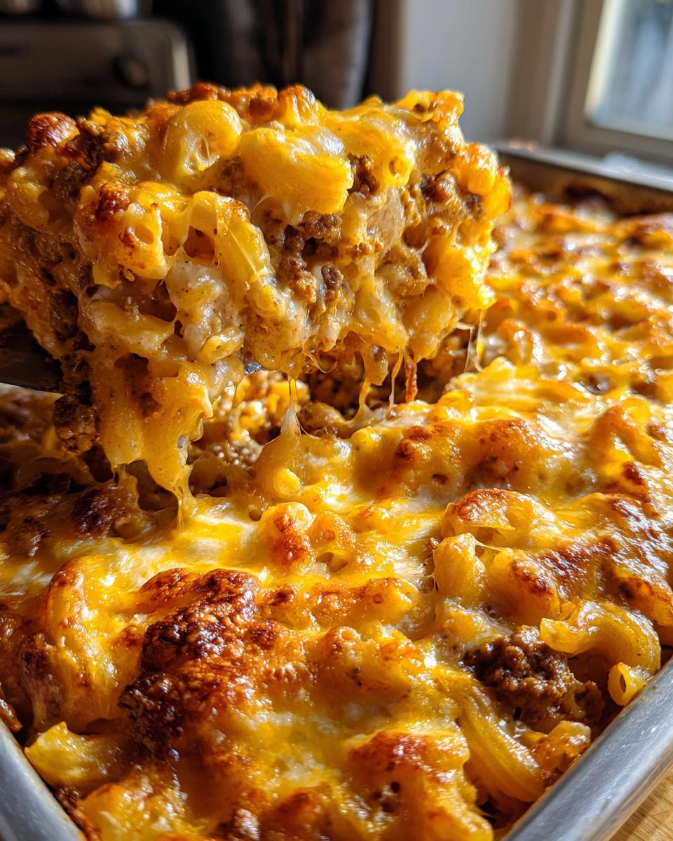 A scoop of baked cheeseburger casserole being lifted, showing melted, stretchy cheese over macaroni and ground beef.
