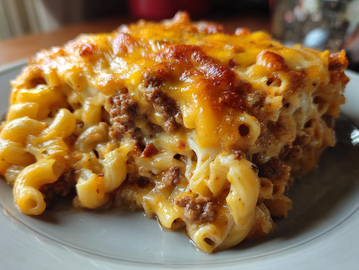 Close-up of a hearty slice of cheeseburger casserole featuring elbow macaroni, seasoned ground beef, and a thick, bubbly, browned cheese topping.