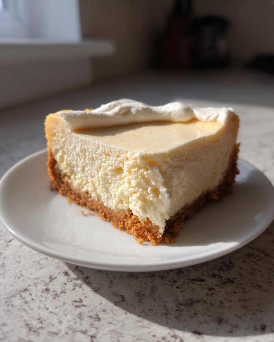 A close-up, sunlit slice of creamy cheesecake recipe on a white plate with a graham cracker crust.