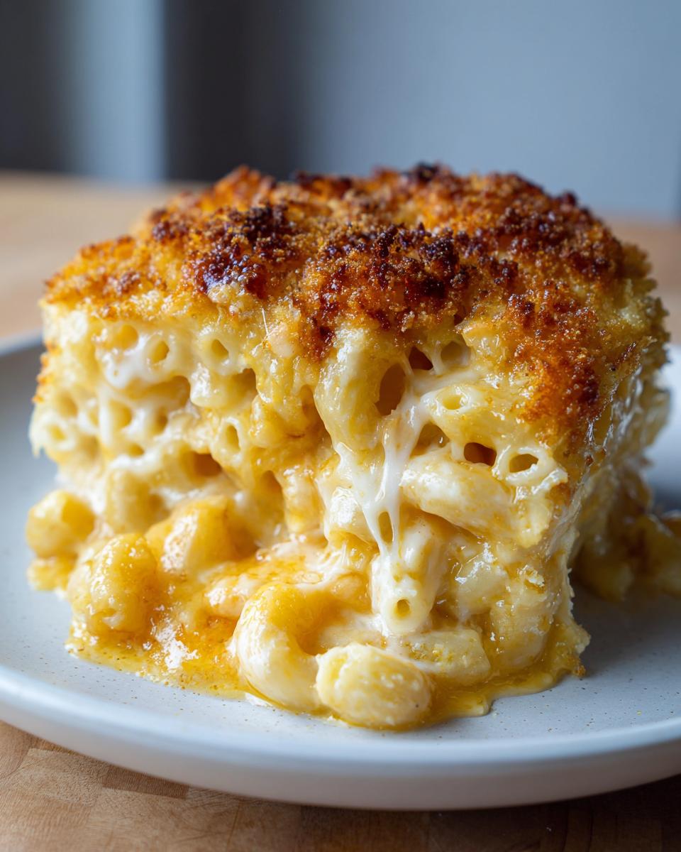 A square serving of creamy baked mac and cheese recipe with a golden, crunchy breadcrumb topping, showing cheese pull.