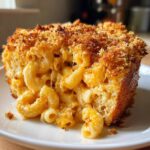 Close-up of a square slice of baked mac and cheese recipe showing gooey cheese pull and a golden brown, crunchy breadcrumb topping.