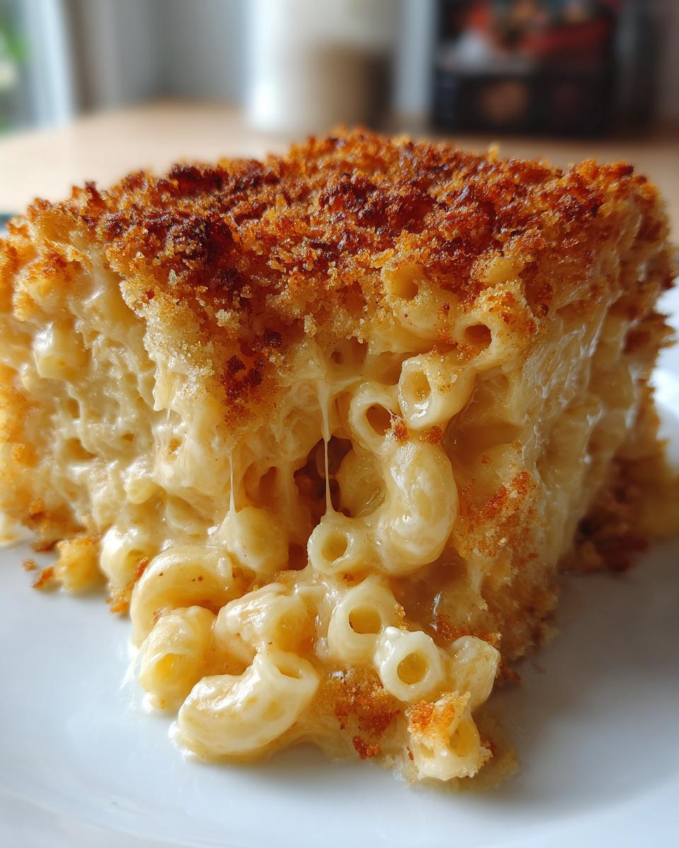 Close-up of a generous serving of baked mac and cheese recipe with creamy sauce and a golden, crispy breadcrumb topping.