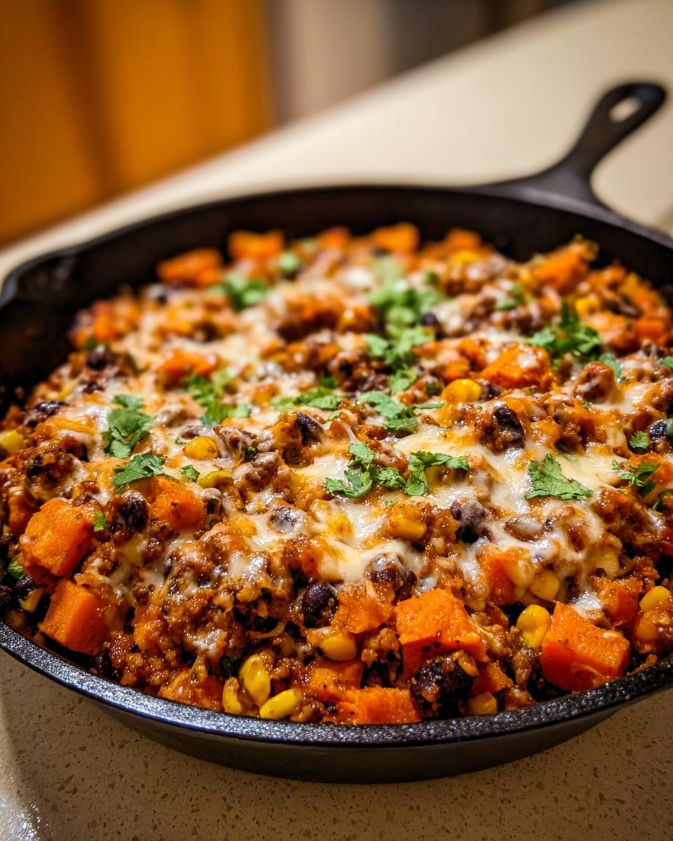 Close-up of a savory sweet potato skillet topped with melted cheese and fresh cilantro.
