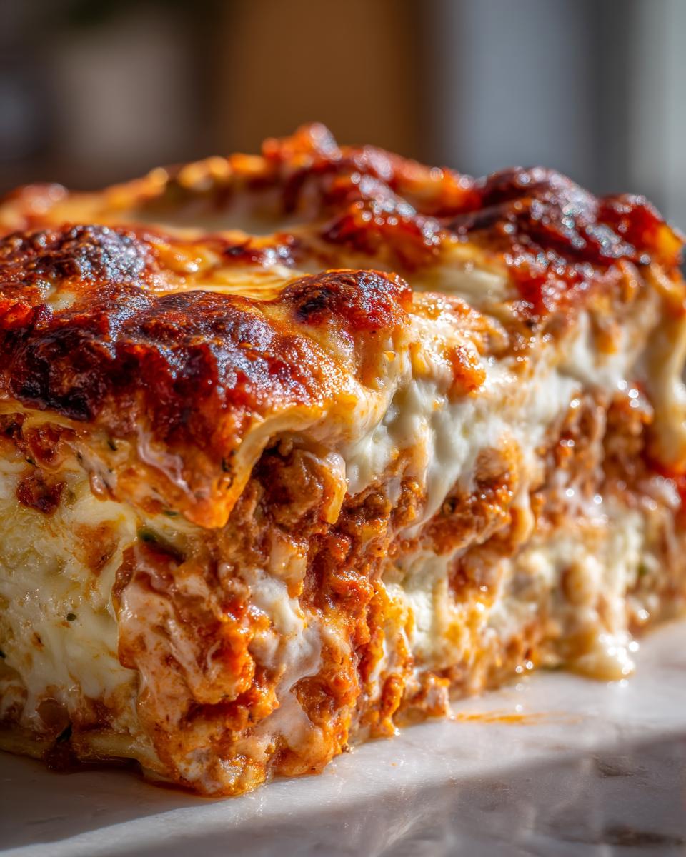 Extreme close-up of a thick, cheesy slice of zucchini lasagna showing layers of meat sauce and melted, browned cheese.