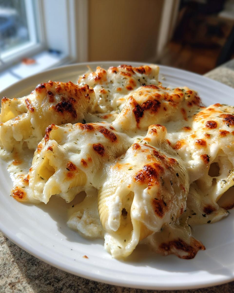 Close-up of baked chicken alfredo stuffed shells covered in melted, bubbly, and slightly browned mozzarella cheese.