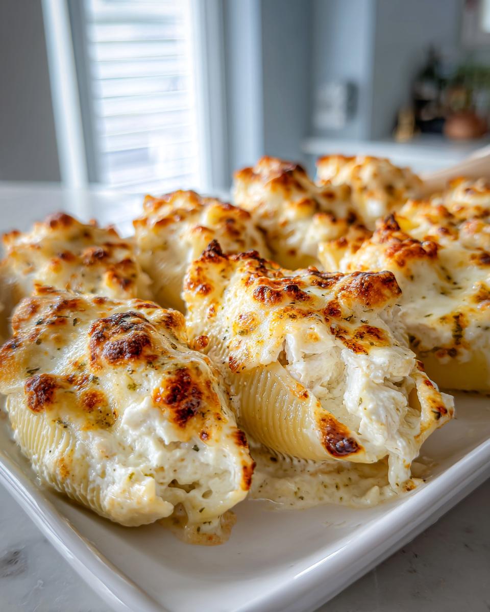 Close-up of baked chicken alfredo stuffed shells overflowing with creamy filling and topped with browned, bubbly cheese.