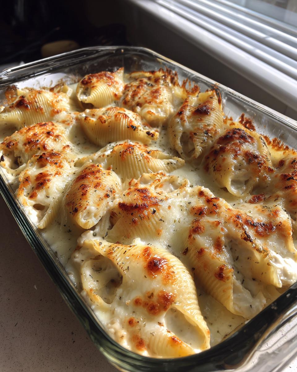 Close-up of baked chicken alfredo stuffed shells covered in creamy sauce and browned, bubbly cheese.