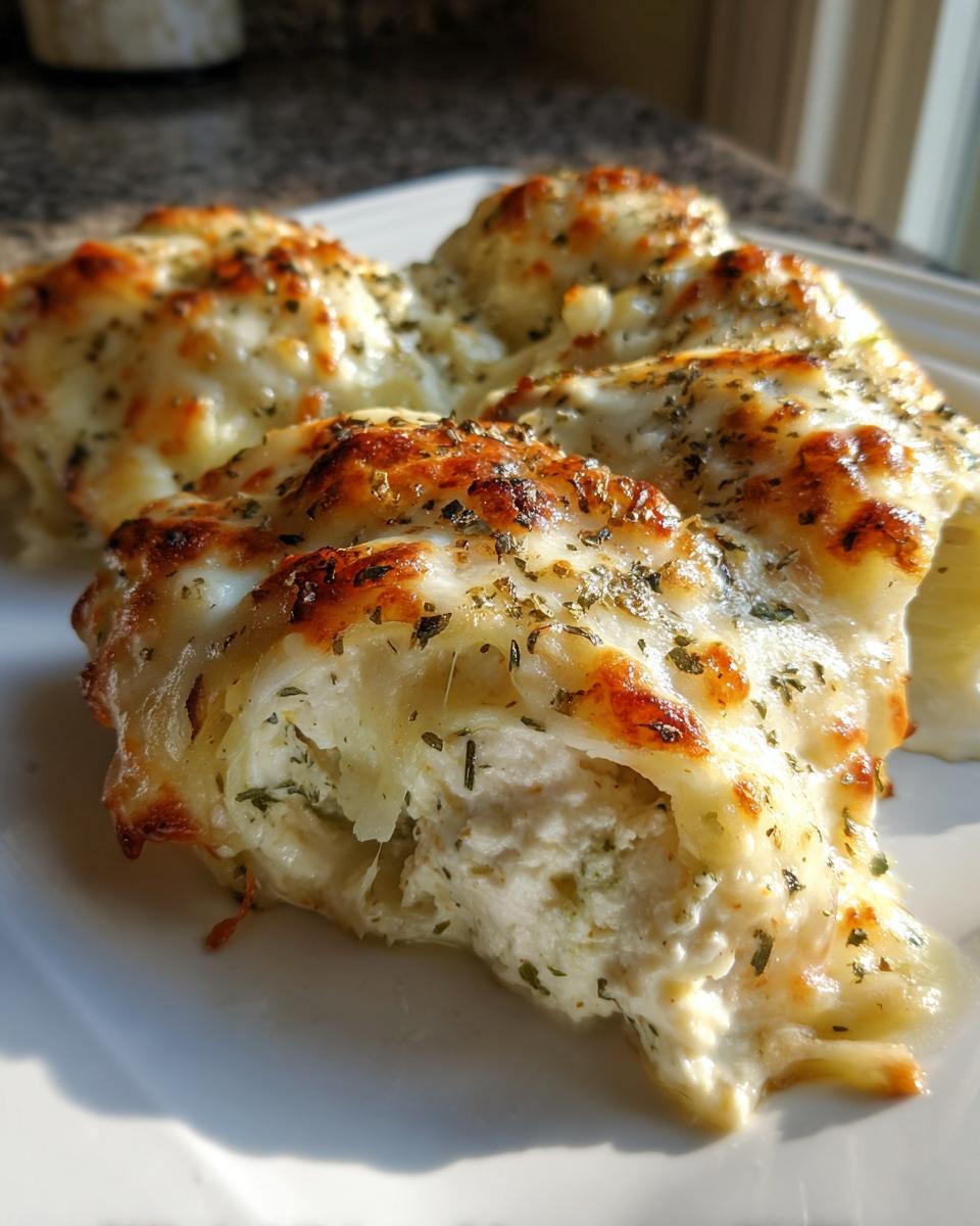 Close-up of baked chicken alfredo stuffed shells with bubbly, browned mozzarella cheese and herbs.