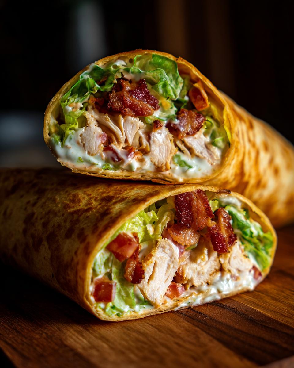 Close-up of a chicken bacon ranch wrap cut in half, showing chicken, bacon, lettuce, and creamy ranch dressing.