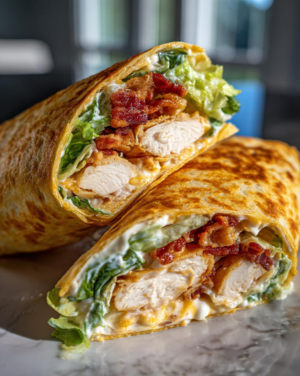 Close-up of a chicken bacon ranch wrap cut in half, showing crispy chicken, bacon, lettuce, and ranch dressing.
