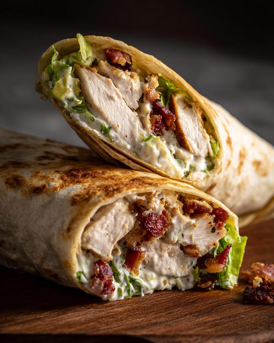 A cross-section of a grilled chicken bacon ranch wrap showing sliced chicken, crispy bacon, lettuce, and creamy ranch dressing.