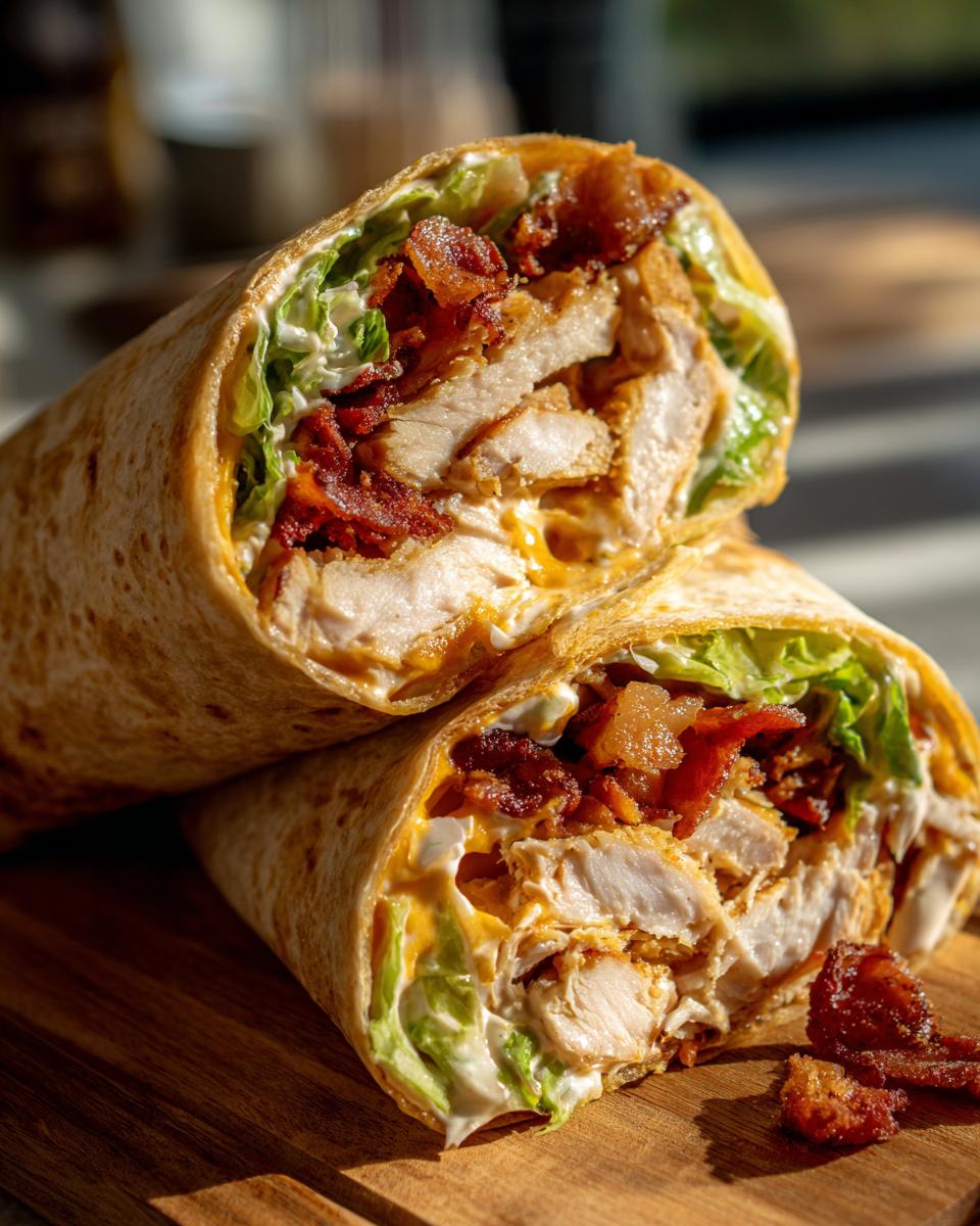 Close-up of a chicken bacon ranch wrap cut in half, showing crispy chicken, bacon, ranch dressing, and lettuce.