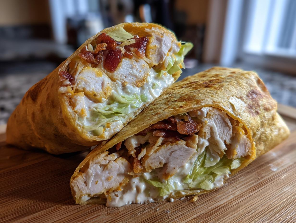 A close-up of a chicken bacon ranch wrap cut in half, showing layers of chicken, bacon, lettuce, and ranch dressing.