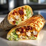 A perfectly grilled chicken bacon ranch wrap cut in half, showing chunks of chicken, bacon, lettuce, and ranch dressing.