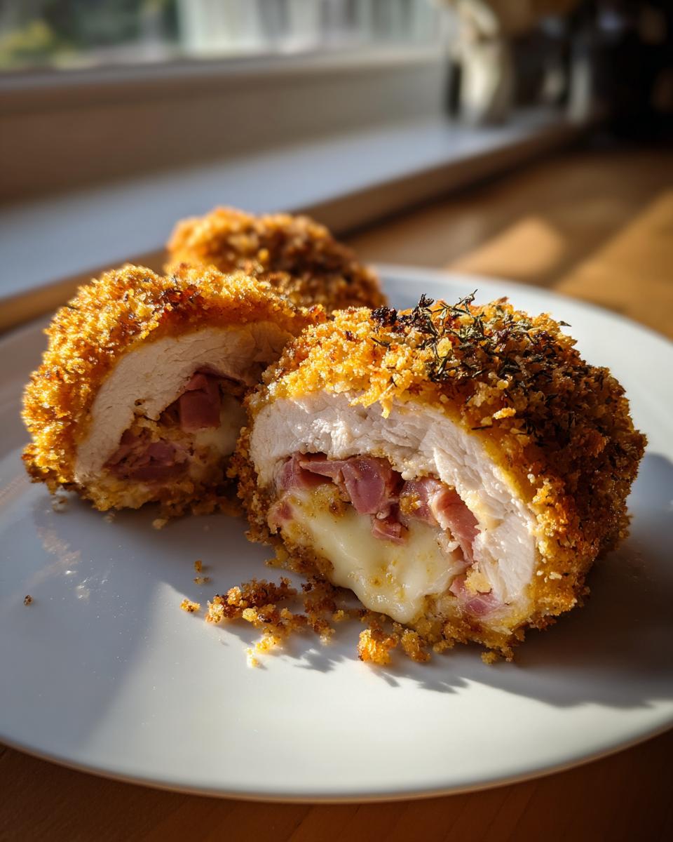 Close-up of a cut chicken cordon bleu showing melted cheese and ham filling inside the crispy breading.