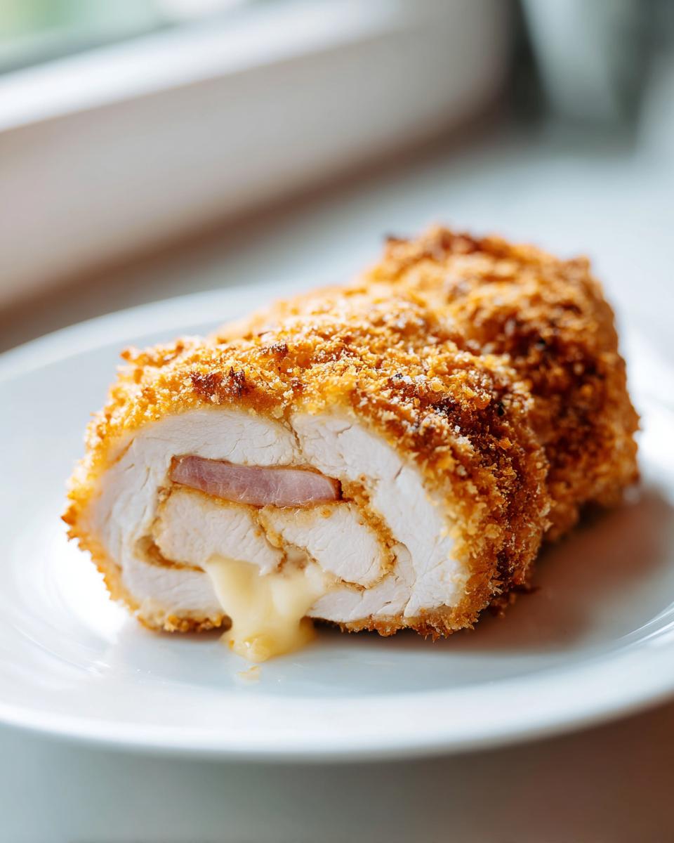 Close-up of a crispy, golden-brown chicken cordon bleu cut in half, showing melted cheese oozing out.