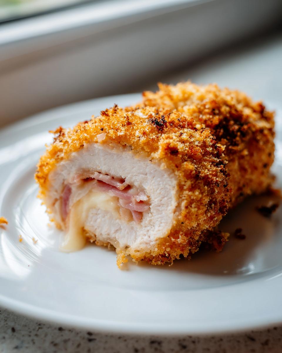 Cross-section of a crispy, golden-brown chicken cordon bleu showing melted cheese oozing out with ham inside.
