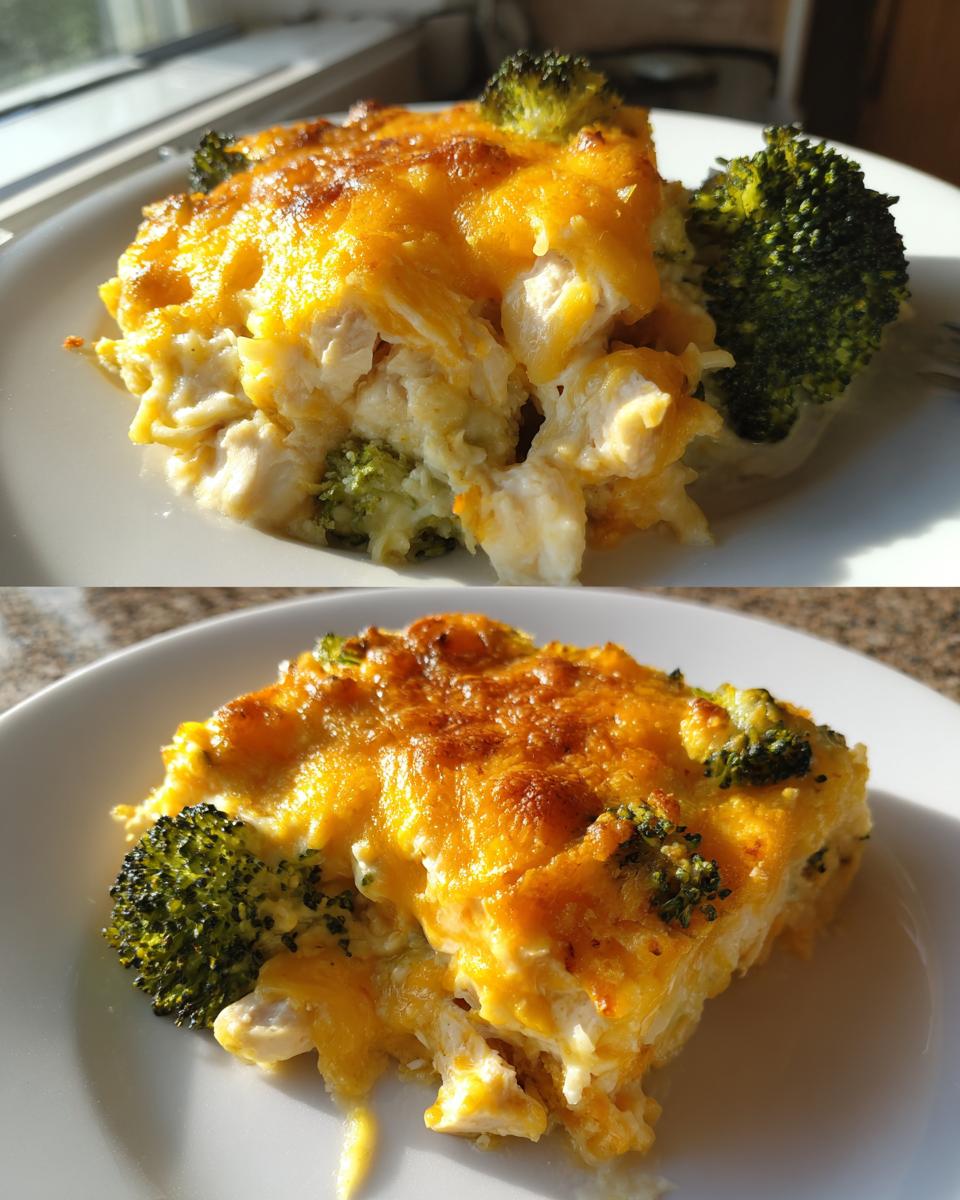 A close-up serving of creamy Chicken Divan topped with melted, golden-brown cheddar cheese and bright green broccoli florets.
