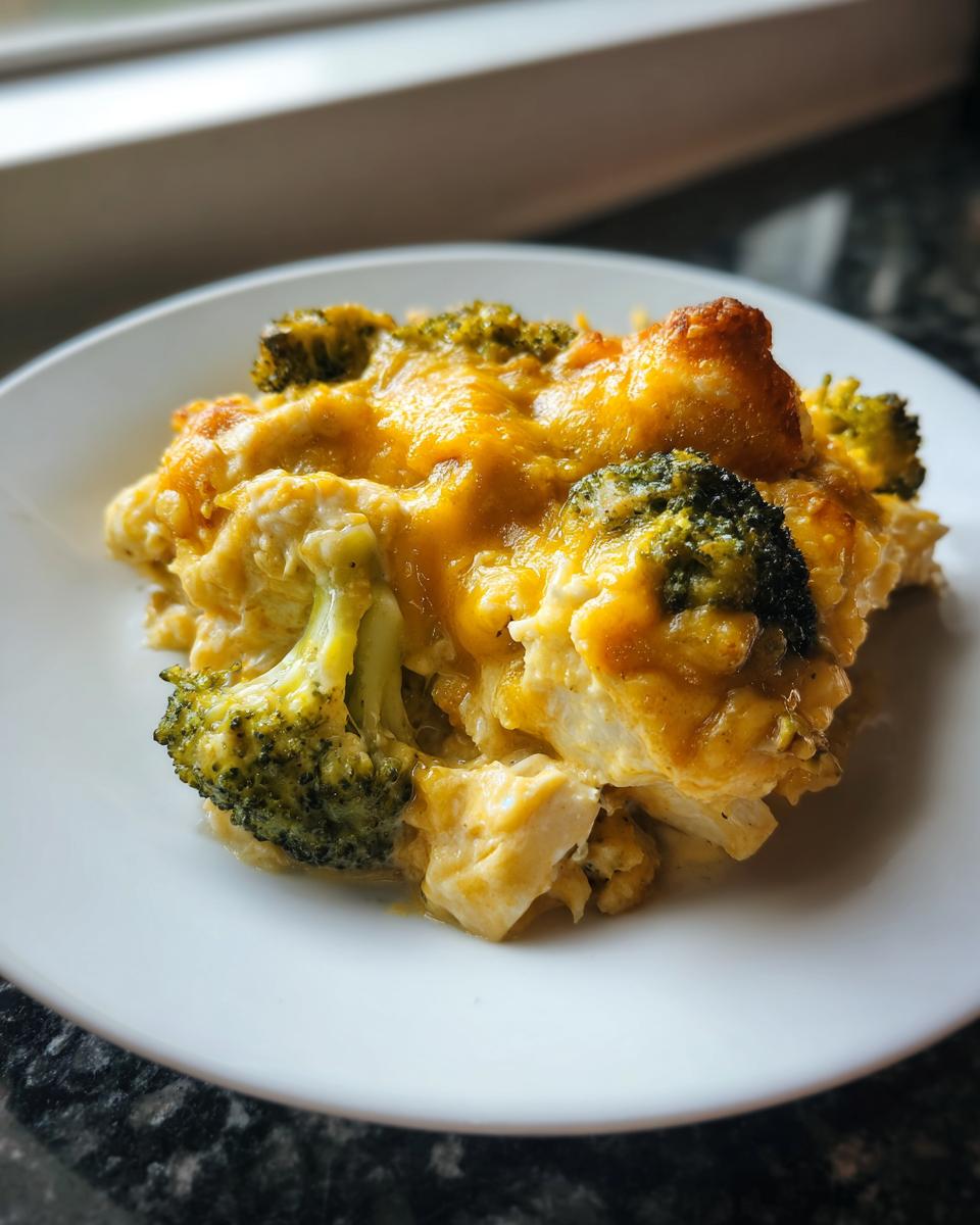 A close-up of a serving of creamy Chicken Divan topped with melted cheddar cheese and bright green broccoli florets.
