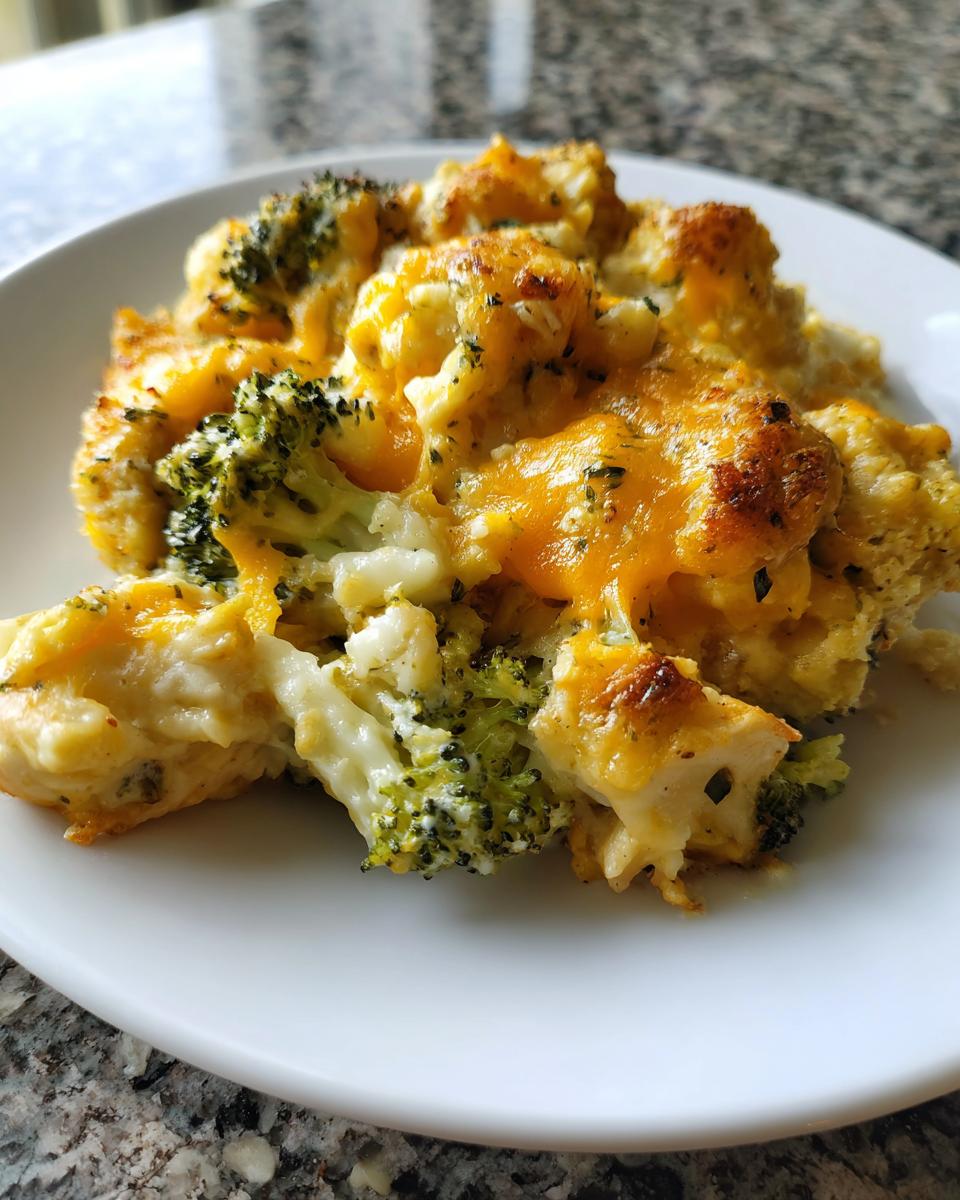 A close-up serving of creamy Chicken Divan casserole topped with melted, browned cheddar cheese and bright green broccoli florets.