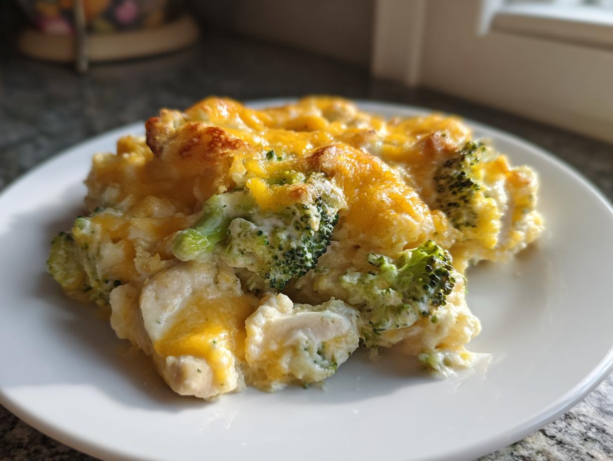 A close-up serving of creamy Chicken Divan casserole, featuring chunks of chicken, bright green broccoli florets, and melted cheddar cheese topping.