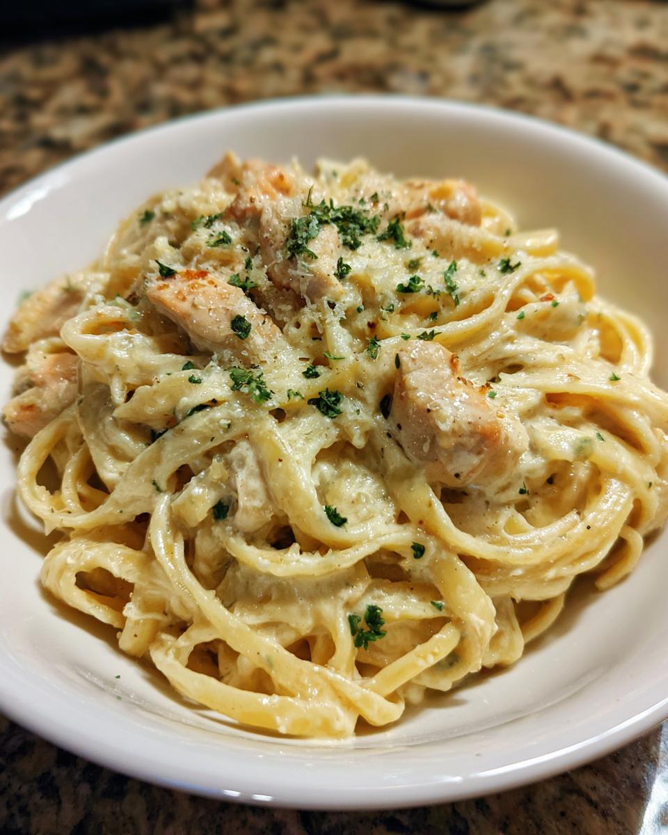 Close-up of a bowl filled with creamy chicken fettuccine alfredo, topped with grated cheese and parsley.
