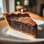 A close-up slice of rich, dark chocolate chess pie sprinkled with flaky sea salt on a white plate.