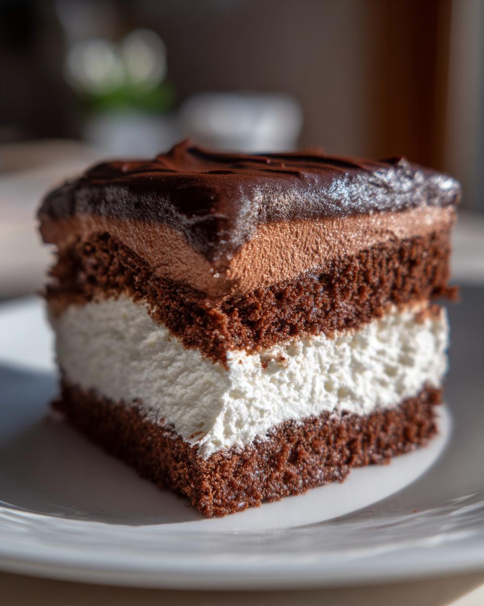 Close-up of a decadent slice of italian love cake featuring dark chocolate cake, thick white cream, and chocolate mousse topping.