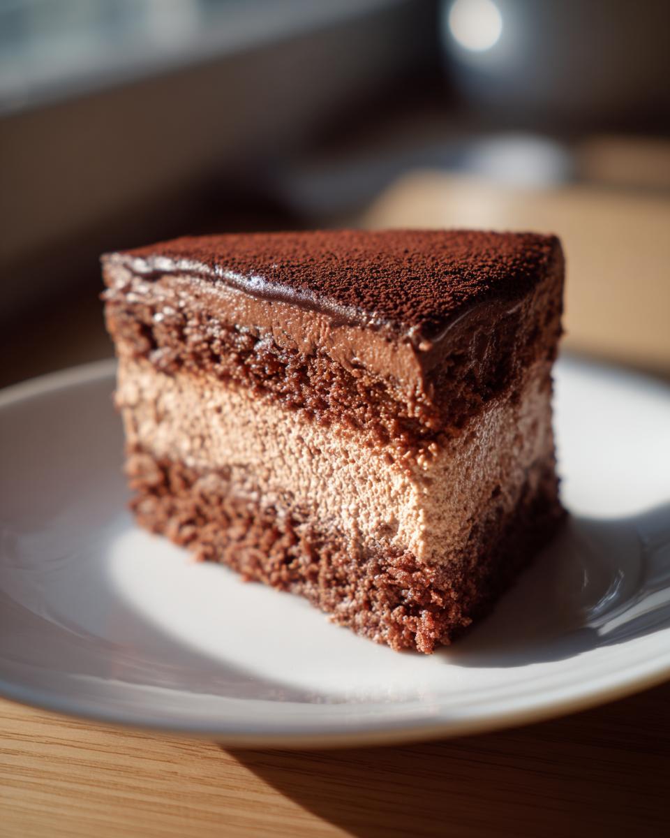 A decadent slice of chocolate cake, likely the italian love cake, with layers of dark cake and light mousse, dusted with cocoa powder.