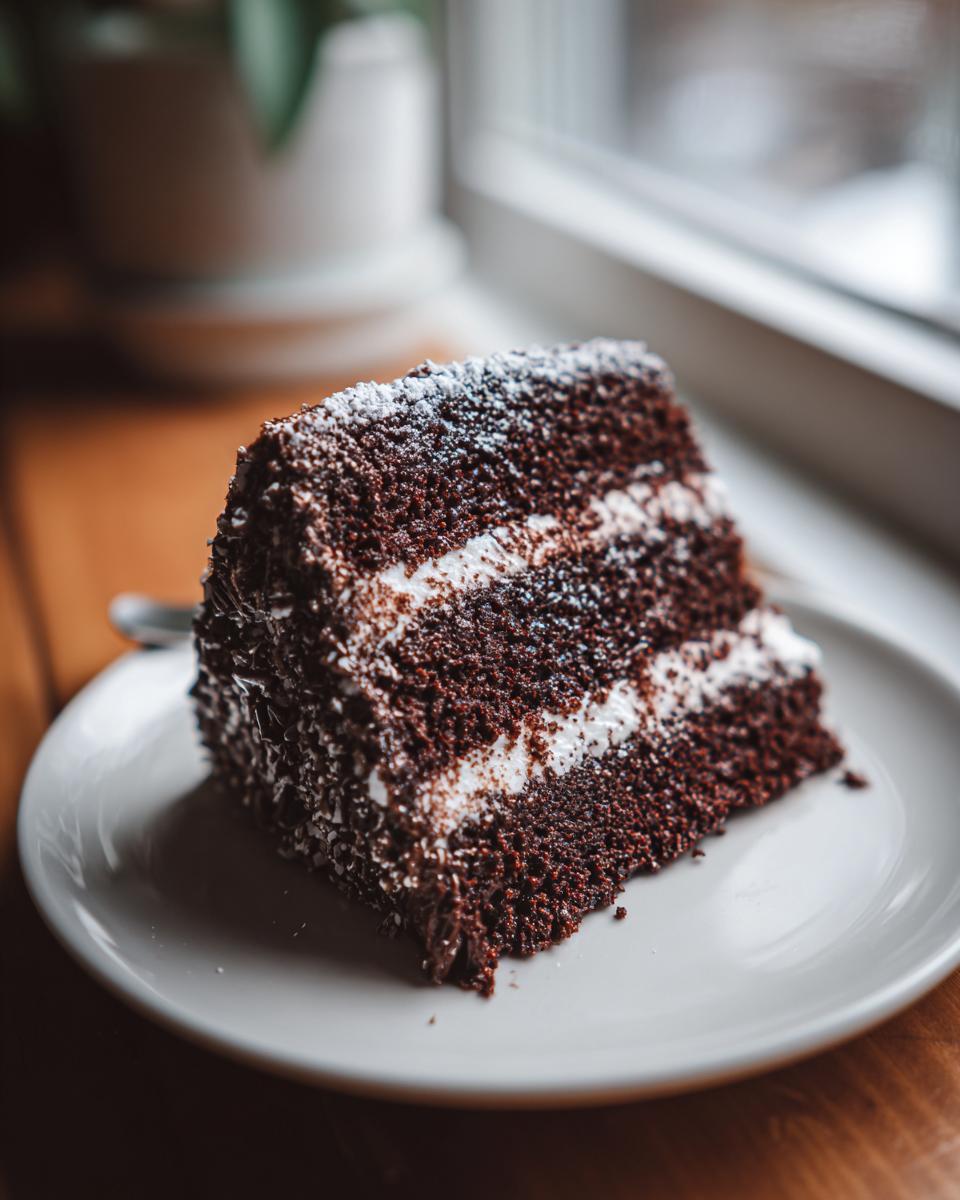 A decadent slice of chocolate yule log cake layered with white cream, dusted with powdered sugar.